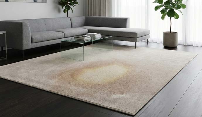 Large faded bleach discoloration mark on a beige living room area rug