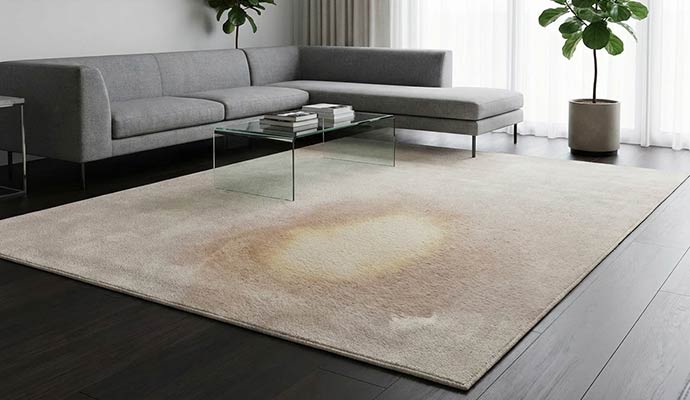 Discolored bleach stain mark on a living room area rug requiring treatment