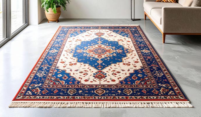 Blue oriental area rug on the floor of a living room