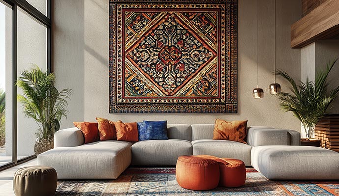 Elegant living room interior decorated with a traditional rug and artistic wall tapestry