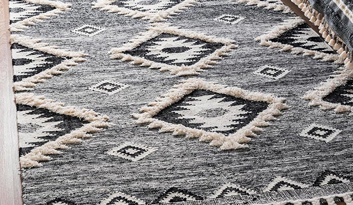 Close-up of wool rug with geometric diamond patterns
