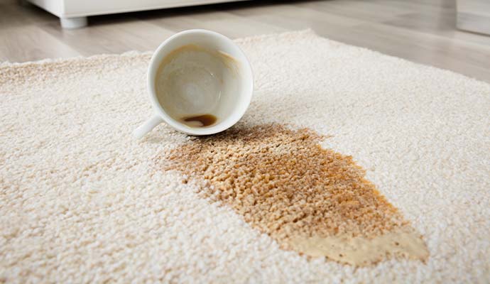 Spilled coffee from an overturned ceramic mug staining a light area rug