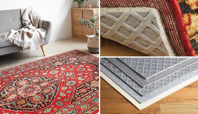 Collage of an area rug and various non-slip rug pads