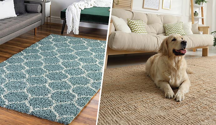Collage of clean rug on floor and pet sitting on rug