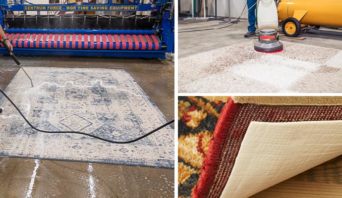Collage of different types of rug cleaning processes