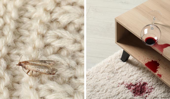 Collage of moth and stain damaged rug