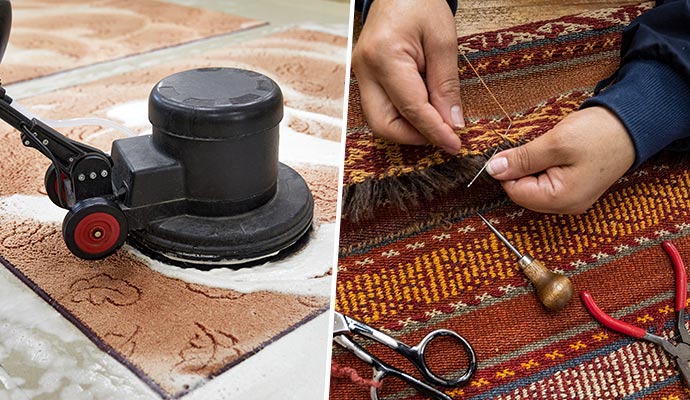 Collage of professional rug cleaning with equipment and expert repairing a patterned rug with tools