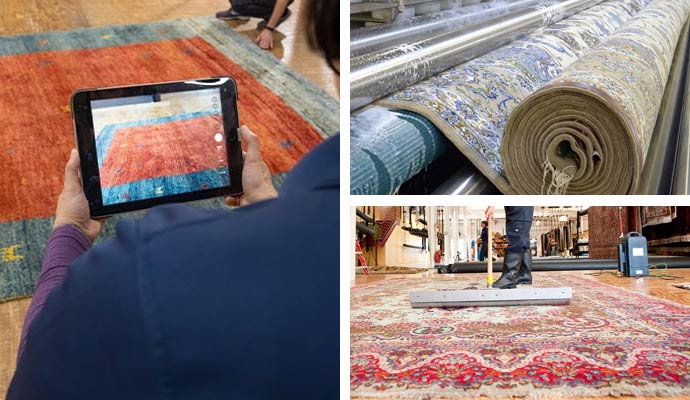 Collage of professional rug inspection, wash rollers, and technician cleaning area rug