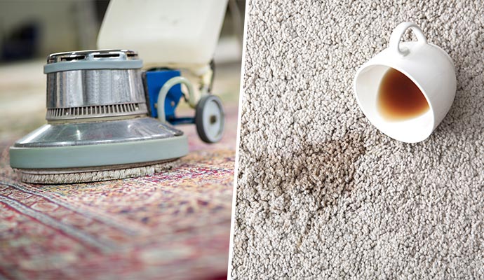 Collage of a rug cleaning with machine and a spilled cup leaving a stain on a light-colored rug