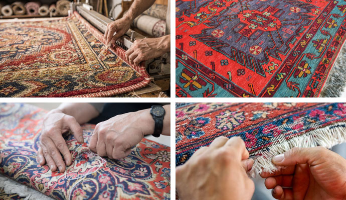 Collage of rug edge binding, reweaving patterns, hand-stitching repairs, and fringe restoration.