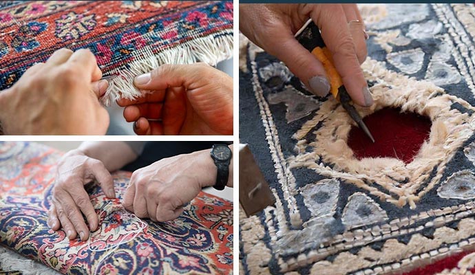 Collage of rug fringe, backing and hole repair