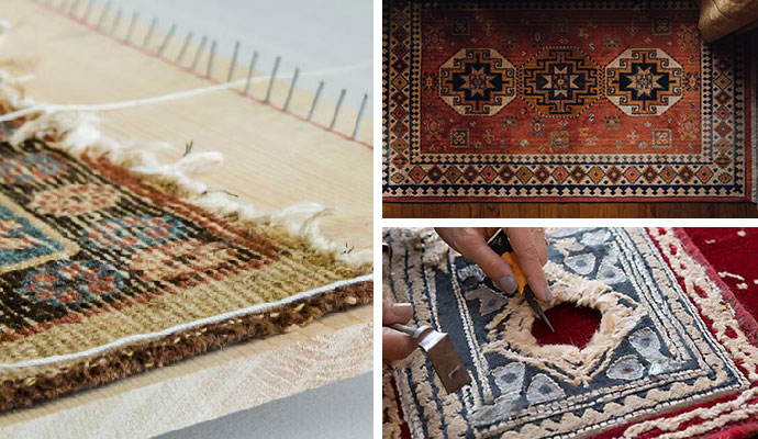 Collage of rug fringe repair, rug on wooden floor and rug hole repair