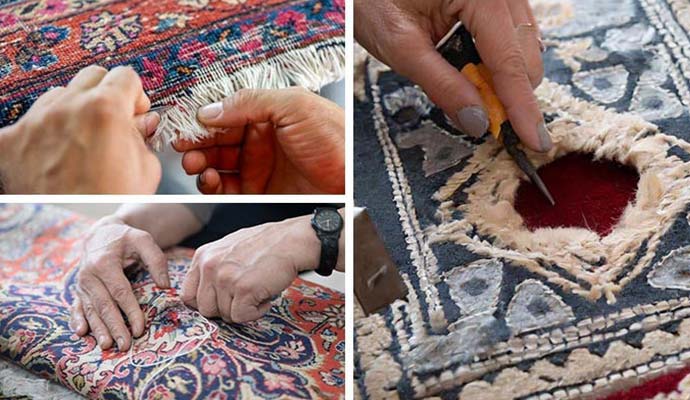 Collage of close-up views of specialist hands repairing fringes, weaving, and patching a damaged rug