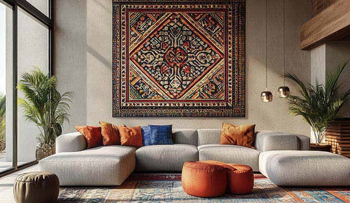 Decorative oriental rug hanging on the wall