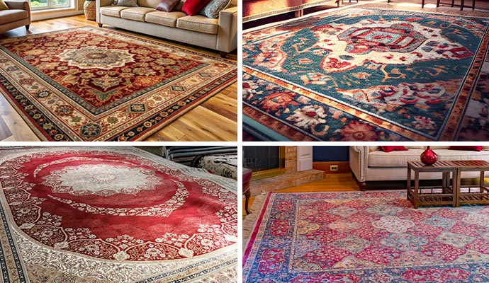 A collage showing four different styles of high-quality area rugs including traditional oriental and contemporary patterns