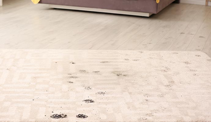 Dirty carpet with mud footprints in living room