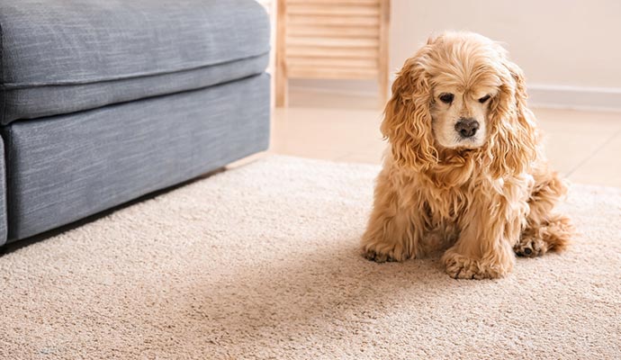 Dog sitting on living room carpet near sofa