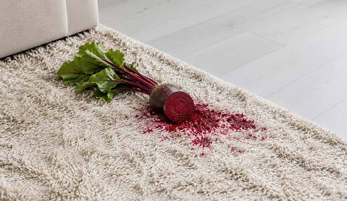 Cut red beetroot leaving a dark red stain on a white plush carpet