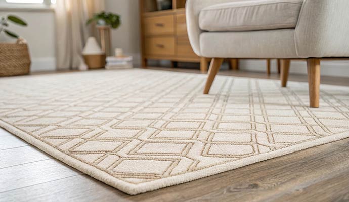 Cream wool area rug with geometric pattern placed on hardwood floor in living room