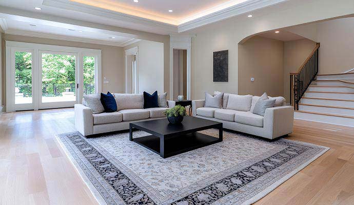 Modern living room interior featuring decorative area rug