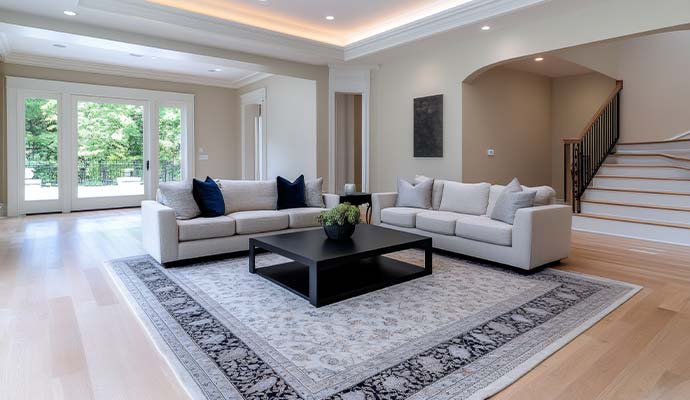 Spacious contemporary living room with comfortable sofas and a large elegant area rug