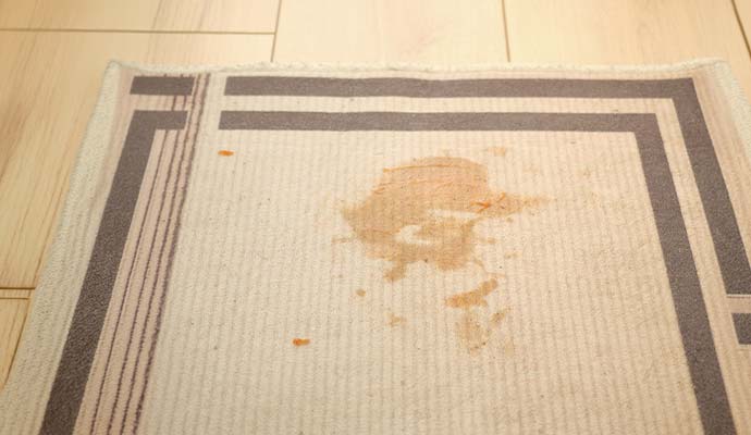 Dried yellowish stain visible on a light-colored bordered area rug
