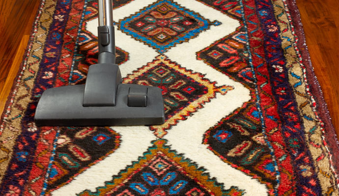 A vacuum cleaner is used to clean an oriental rug.