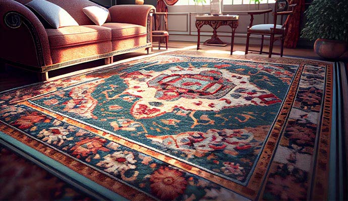 Ornate Persian area rug with floral patterns and center medallion in a sunlit room