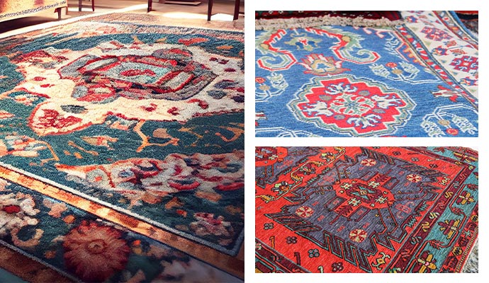  Persian silk and Turkish rugs displayed in an ornate setting.