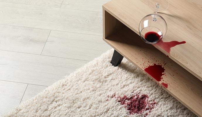 Red wine spill on white rug