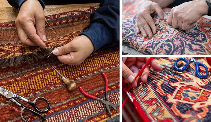 Expert reweaving, backing, and serging repair methods for rug restoration.