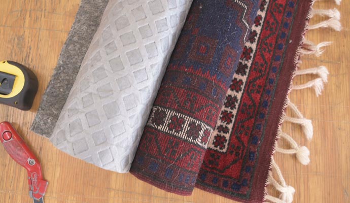 Rolled oriental rug with carpet installation tools