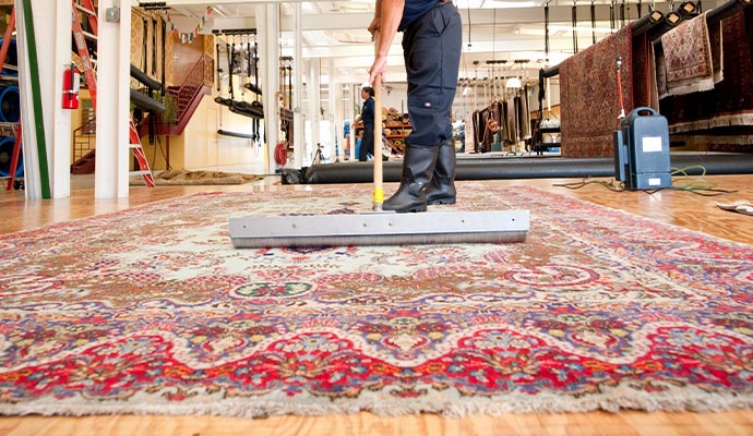 Person cleaning rug with equipment