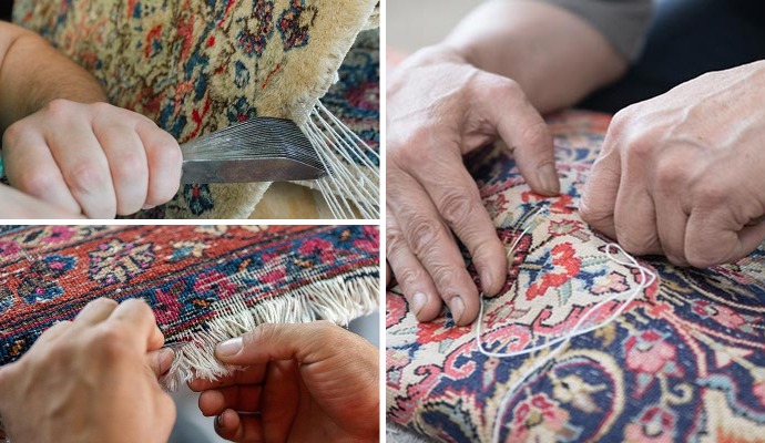 Collage of rug patching fringe and backing repair
