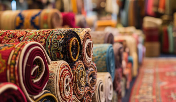 Different types of colorful rugs stored