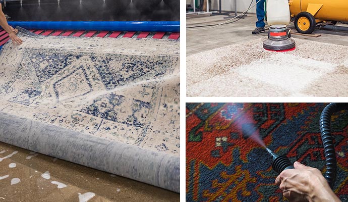 Renewing rugs with a powerful combo: wet absorbent pad and hot water extraction.
