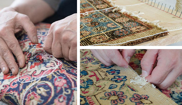 Collage of specialized rug, hole rug and rug fringe repair