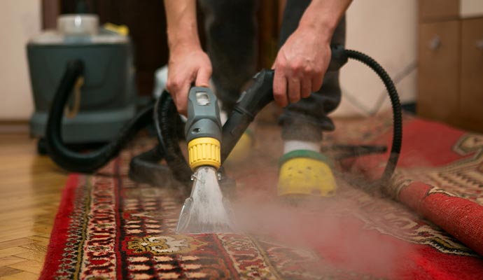 A professional technician using a specialized steam cleaning wand to deep clean a red traditional area rug