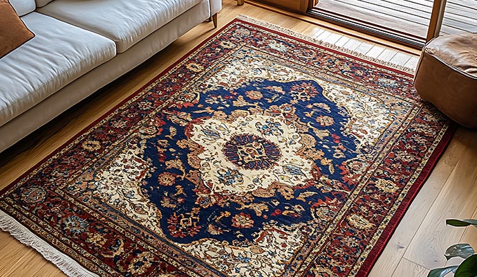 Stretched rug placed on wooden floor