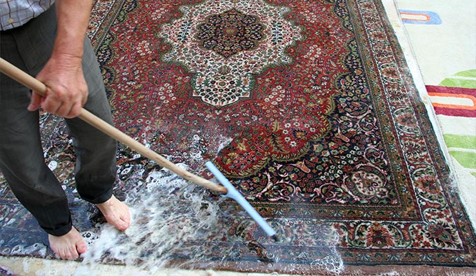 a person cleaning a rug