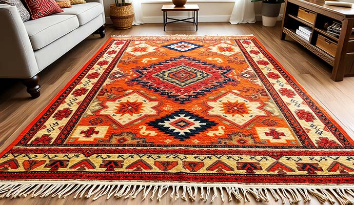 Vibrant geometric patterned area rug spread on a wooden floor in a living room