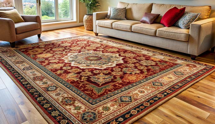 Well-maintained red and beige traditional oriental rug in an elegant living room