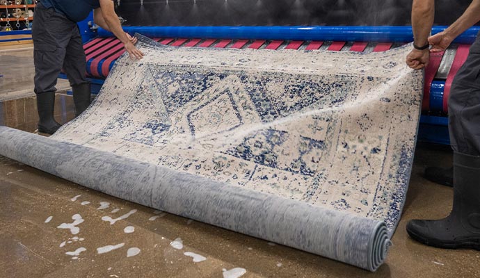 Workers diligently cleaning wet rugs for a refreshed space.